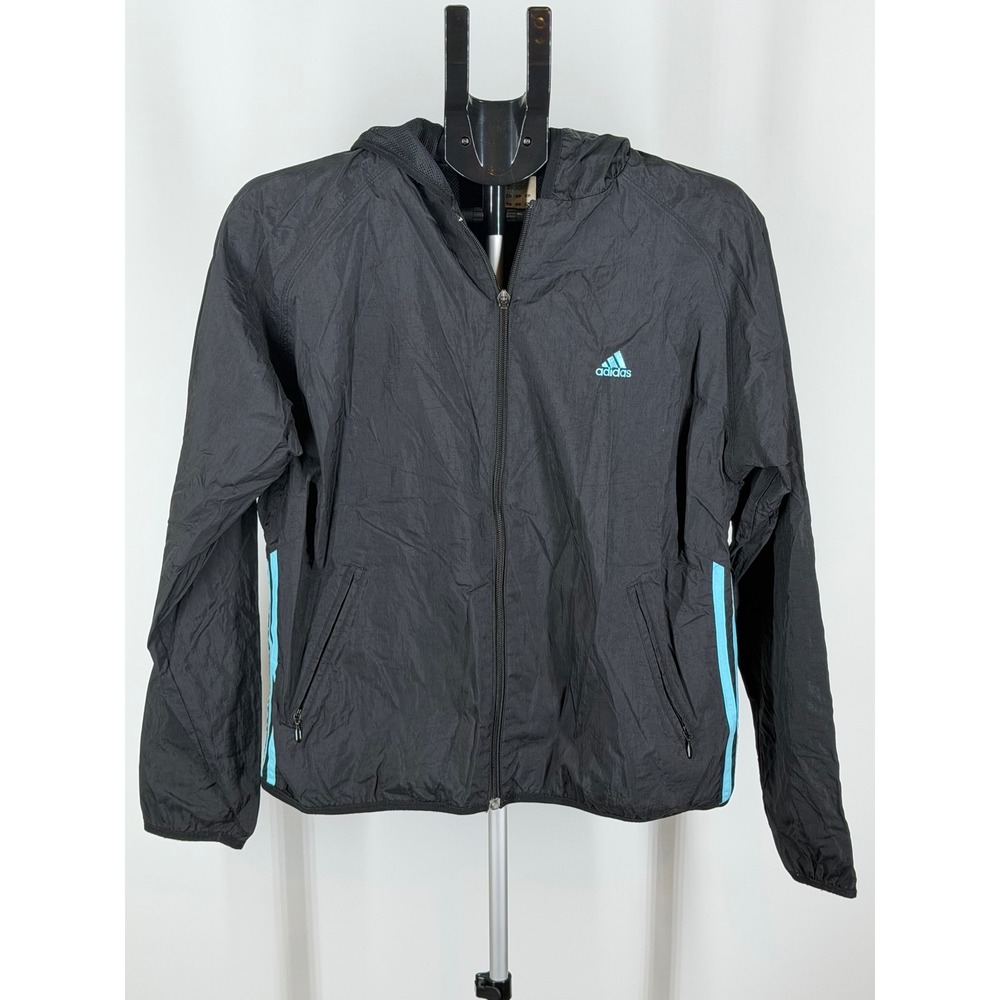 Adidas Mens Black Light Blue Striped Hooded Windbreaker Jacket Size Medium